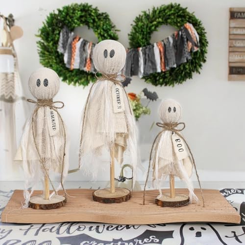 DAZONGE Halloween Decor, 3 Set Primitive Halloween Ghosts on Wooden Stand