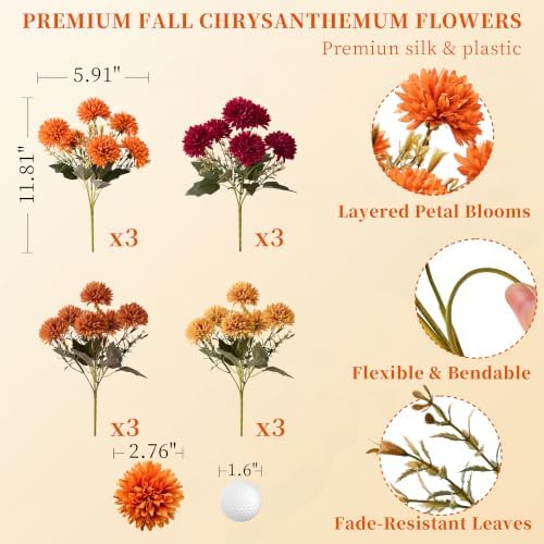 12-Pack Faux Fall Mums, 72 Blooms Artificial Flowers for Outdoor Decor