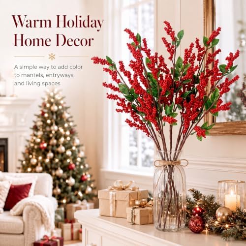 Yinder 6 Pcs 22 Inch Christmas Artificial Red Berry Stems