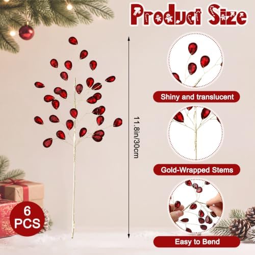 Suncalla 11.8" Crystal Picks for Christmas Tree Branches, Burgundy, 6 Pcs