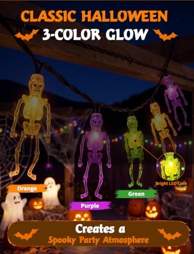 Abeja Halloween Skull String Lights Outdoor,Multicolor LED Skeleton Lights