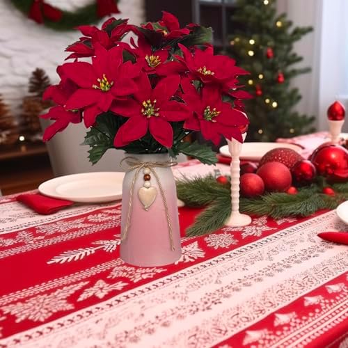 Artificial Poinsettia Christmas Flower Arrangement in Pink Vase, Festive Red Faux Flowers with Heart Charm for Home, Office & Holiday Décor