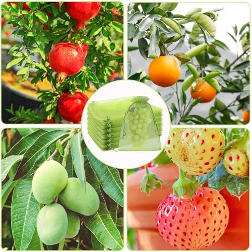 100 Pcs Fruit Protection Bags, 8 x 12 Inch Green Netting Cover Bags with Drawstring, Pest Barrier for Trees, Garden Cover Mesh Bags for Plant Fruit, Flower and Vegetables