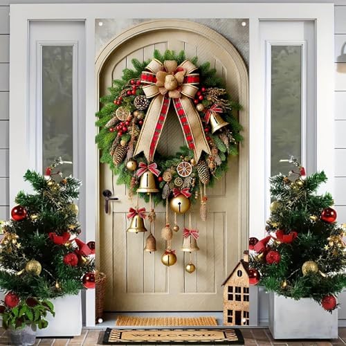 BlissYard Christmas Door Cover Bell Bow 35x71 Inch Polyester