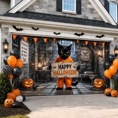 Halloween Garage Door Cover 16x7 FT, Black Cat Prison Halloween Garage Door Decoration, Large Double Garage Banner with Pumpkin Inmate Scene, Outdoor Halloween Decor for Home Yard Party