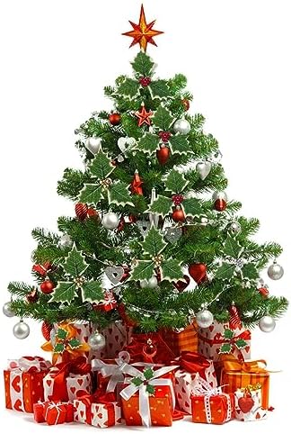 TIHOOD 300PCS Artificial Holly Berries with 100PCS Green Leaves Gold Silver Red Holly Berry Stems with Leaves Artificial Holly Leaves and Berries for Christmas Wreath Arrangement Cake Toppers Craft