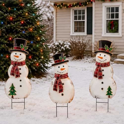 Amyhill 3 Pcs Christmas Outdoor Decor Snowman Metal Garden Stakes
