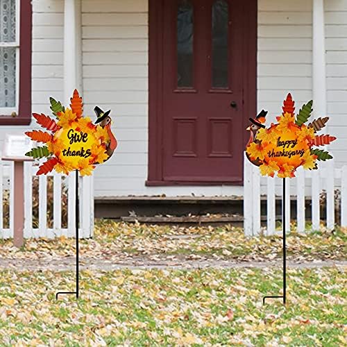 Juegoal Set of 2 Turkey Garden Stakes Thanksgiving Decor, 36 Inch Metal Fall Turkeys Yard Stakes, Give Thanks & Happy Thanksgiving Yard Signs Ornaments for Outdoor Lawn Pathway Patio