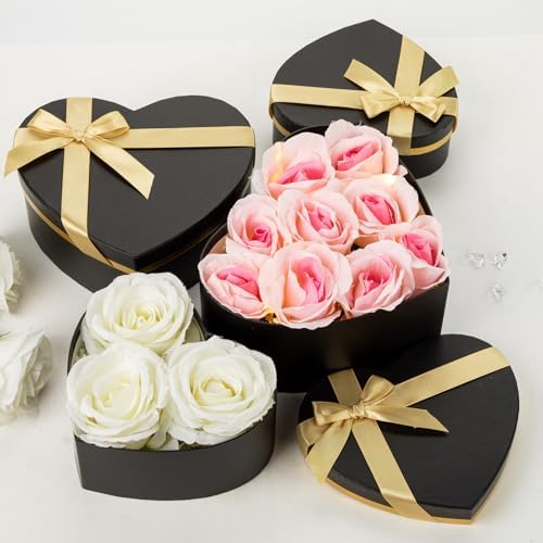 Oairse Black Gift Boxes with Lids for Present Heart Shaped Flower Box for Arrangements Set of 4 Floral Gift Boxes with Ribbons for Bridesmaid, Proposal, Wedding, Birthday, Baby Showers