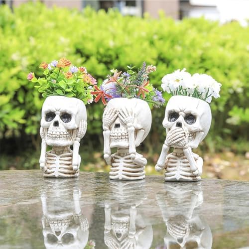 JOYO Halloween Planter Pot Decor - Skeleton Flower Planter Pot,Pumpkin Bucket Vase,Cute Skull Bucket Vase,Skull Candy Bowl Gothic Ornaments for Home Indoor Outdoor Garden (03 Cute Skull)
