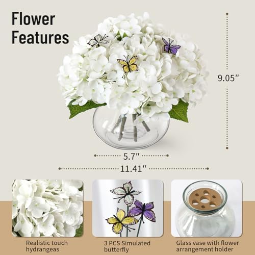 Leftover Hydrangea Artificial Flowers with Vase,White Real Touch Hydrangea Flowers with Butterfly,Faux Hydrangea Flowers for Floral Centerpieces for Tables,Home Decor,Wedding Decor,Coffee Table Decor