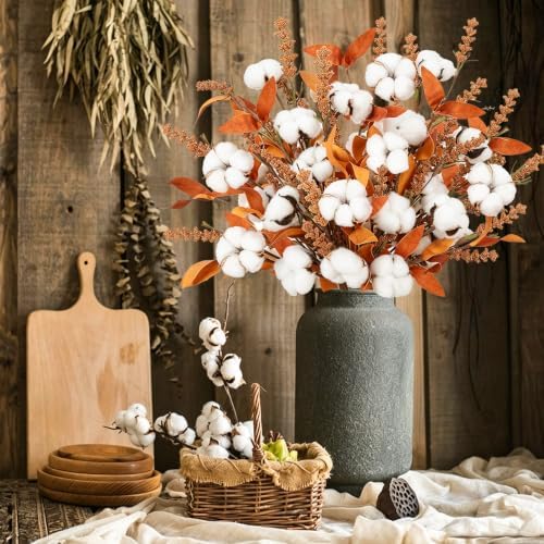 21.6" Fall Dried Cotton Stems Decor Branches, 2 Bunches Fall Leaves Stems