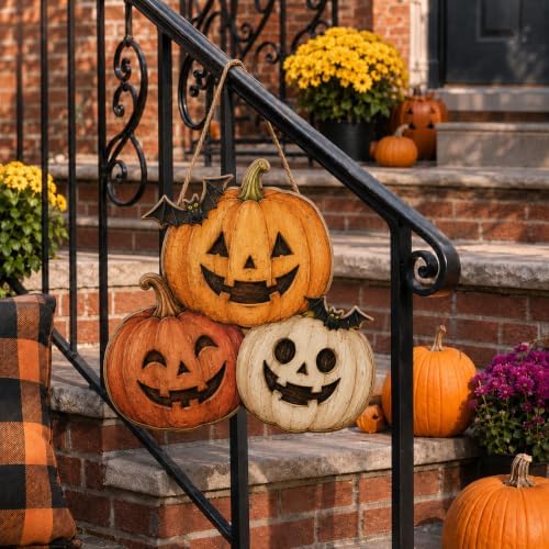 Halloween Wreaths for Front Door, Wooden Triple Pumpkin Bat Hanging Sign