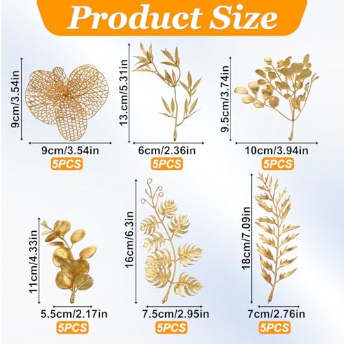 30 Pcs Gold Leaves Artificial Flowers Faux Branches Gold Flower Picks Fake Goldn Plants Foliage Stems for Wedding Picks Decor Centerpieces DIY Wreath Crafts Christmas Tree Filler