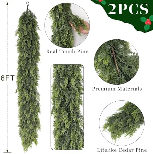 2PCS 6FT Lifelike Touch Artificial Cedar Garland for Mantle Christmas Decor