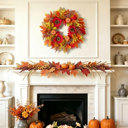 Fall Wreath for Front Door, Autumn Thanksgiving Sunflower Wreath Fall Decor