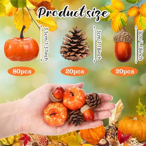 Yookeer 120pcs Fall Mini Pumpkins Artificial Acorn Pine Cone, Classic Color