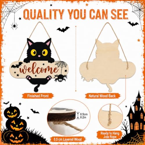 Halloween Welcome Sign, Black Cat Hanging Door Decor for Porch Wall Yard