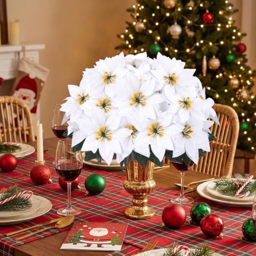9 Pack Christmas Artificial Poinsettia Flowers 7 Heads White Flower