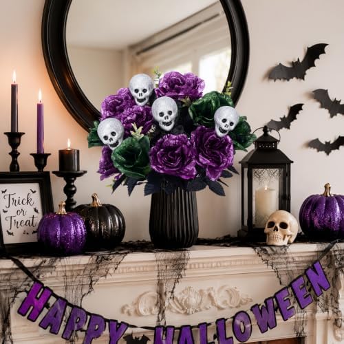 2 Pcs Purple Halloween Flowers Artificial 18in Peony & Rose & Skull Bouquet