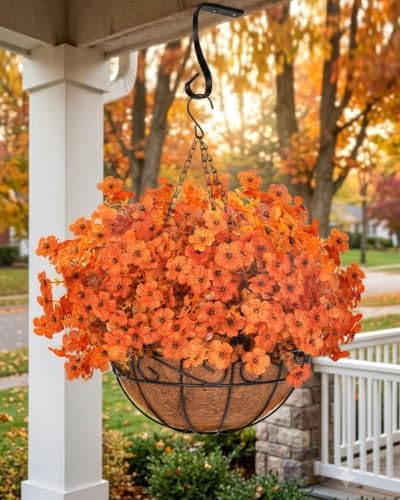 Artificial Fake Orange Fall Mums Flowers Planter Hanging Basket for Outdoor