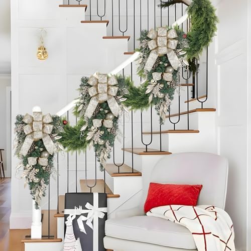 Christmas Teardrop Swag for Front Door with Ornaments, Berries, Bow, 27.5" Christmas Swag Wreath for Stair Window Wall Mantel, Artificial Xmas Swags Garland for Winter Holiday Decorations, Champagne