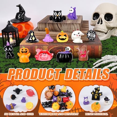 44Pcs Halloween Mini Resin Figures 44 Styles Little Figures to Hide Tiny Small Pumpkin Ghost Duck Skull Bulk Miniature Figurines for Halloween Party Favors DIY Craft Garden Dollhouse Decor
