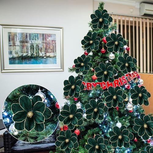 Sggvecsy 10Pcs Christmas Glitter Flowers Velvet Magnolia Flower Christmas Tree Ornaments Artificial Poinsettia Floral Picks for Xmas Wedding DIY Crafts Wreath Party Floral Decorations(Green)
