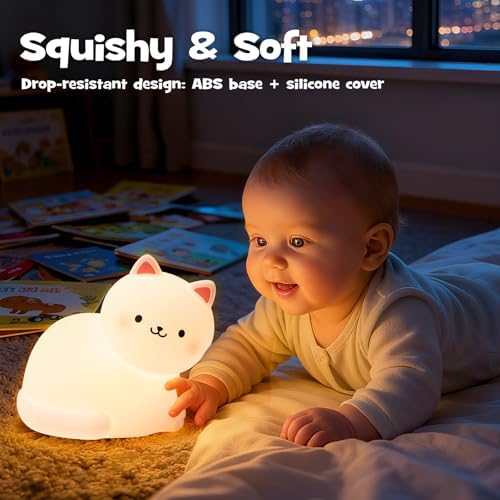 Cute Smile Cat Night Light RGB Rechargeable Soft for Nursery Bedroom