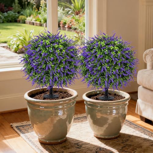 Bdor 25" Artificial Lavender Topiary Ball Trees with Ground Spike, Set of 2