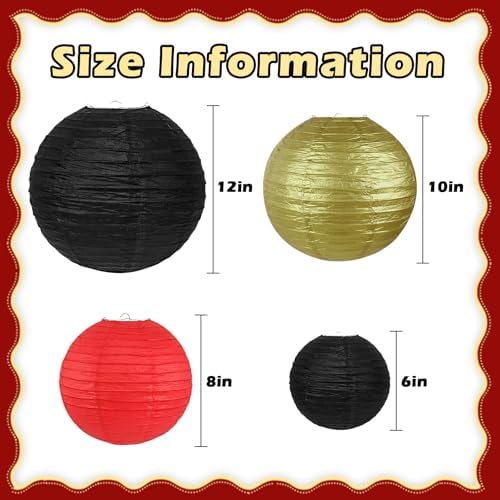 12 Pack (6" 8" 10" 12") Red Black and Gold Paper Lanterns - Hanging Round Lantern Kit for Graduation 2026, Casino Night, Red Carpet, Hollywood Theme Party, Game Night and Hibachi Party Decorations