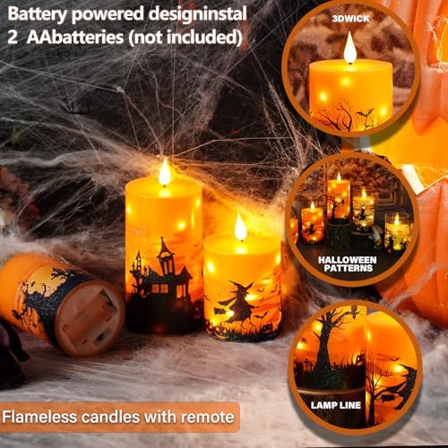 Sasigeiaa Halloween Flameless Candles with Remote - Orange LED Candles & String Lights, Battery Operated Set of 3 (D3 x H4/5"/6") for Window Decor, Halloween Decoration,Living Room Decoration