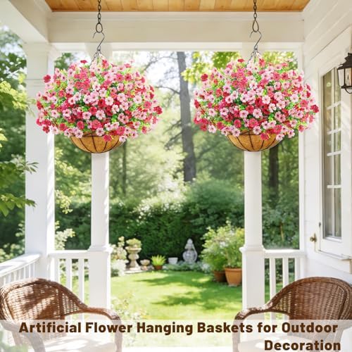 2 Set Artfiticial Hanging Flowers with Basket & Foam Outdoor,Pink Rose Red