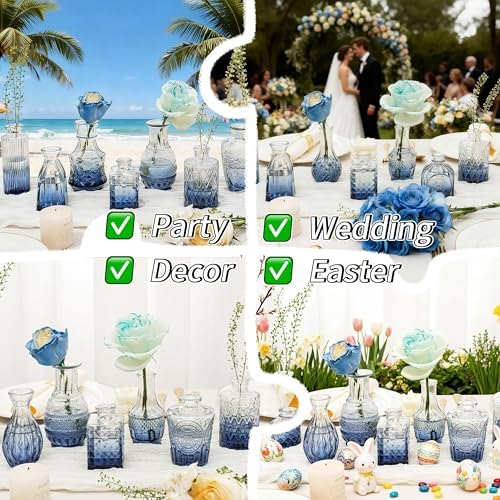 Clear Gradient Blue Glass Bud Vase Set of 24 Pcs,Small Bud Vases in Bulk,Glass Crystal Flower Vases Table Centerpieces for Party Event Wedding Decor Baby Shower Decorations (Gradient Blue, 24 Pcs)