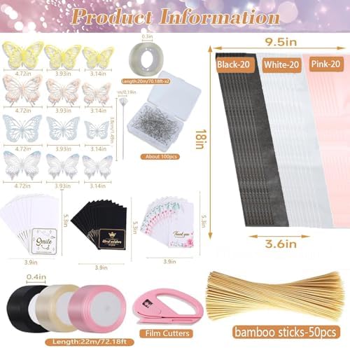Majreey Floral Wrapping Paper Kit, 80Sheet Waterproof Floral Paper, 3Rolls Ribbon for Flower Bouquet, 2Rolls Transparent Tape,100Pcs Flower Pins, 48Pcs 3D Butterflies, 9Pcs Crowns (Flower-5)