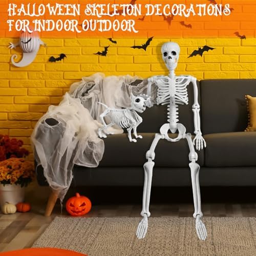 3 FT Human and Dog Skeleton Halloween Decor with Movable Joints