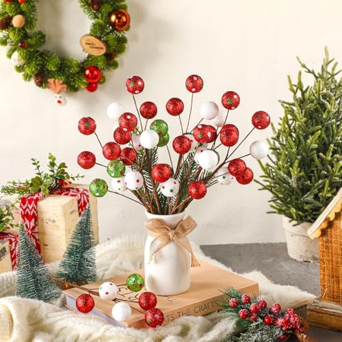 Suncalla 8 Pcs Glitter Christmas Tree Picks, Red Green White Berry Stems