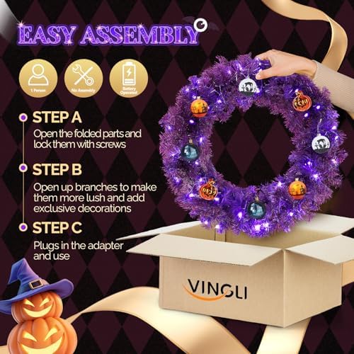 VINGLI 24" Purple Christmas Wreath with Battery LED Lights, Colorful Decor