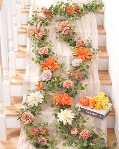 Waipfaru 6Ft Fall Garland Decor, 2 Pack Eucalyptus Flower Garland for Table