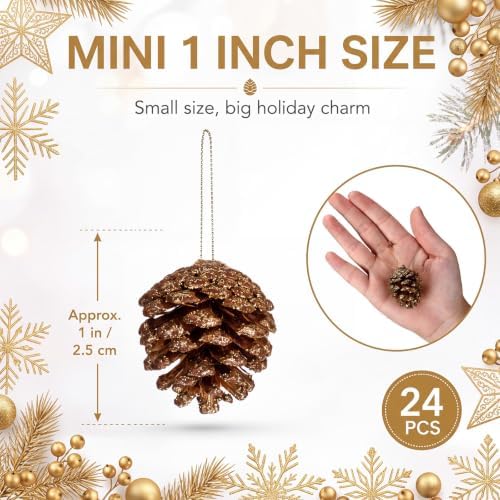 24 Pcs Gold Glitter Pine Cones Ornament for Christmas Tree Hanging Decor