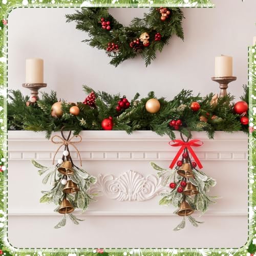 Tigeen 2 Pcs Christmas Mistletoe 3 Bells Bow Hanging Ornament, Red,White