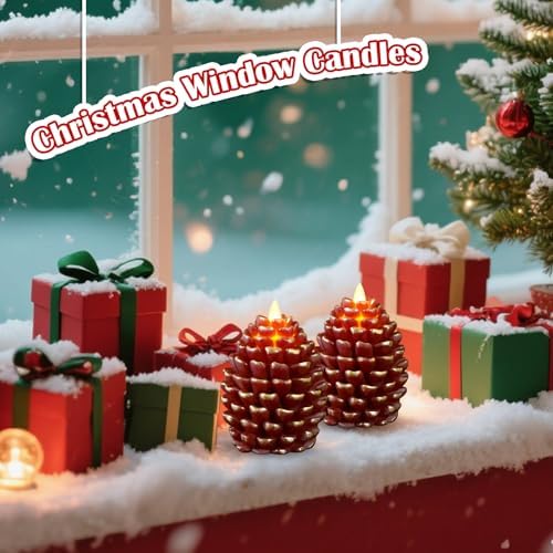 Christmas Pinecone Candles Flameless Thanksgiving Decor,Red-Brown