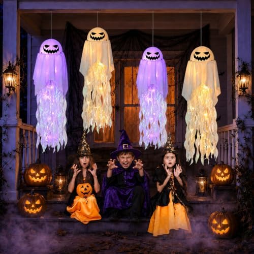 4 Pack Halloween Hanging Ghosts, 28 Inch Light Up Decor, 4 DIY Face Styles