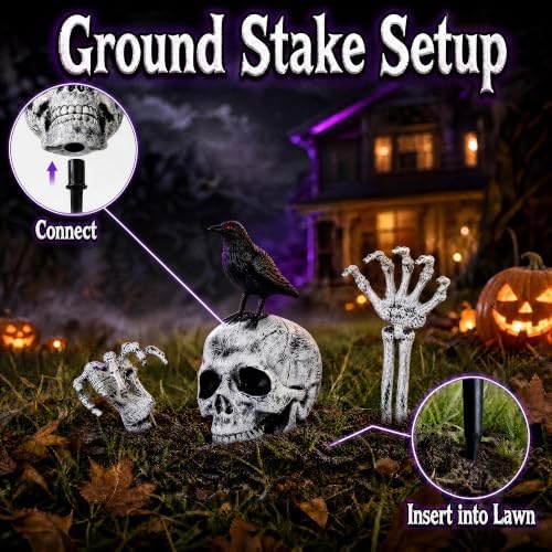 Halloween Yard Stakes Skeleton Decorations – Skull Head with Crow & 2 Skeleton Hands, 4-Piece Outdoor Halloween Decor, Skeleton Bones Ground Stakes for Yard, Lawn, Garden & Graveyard Display
