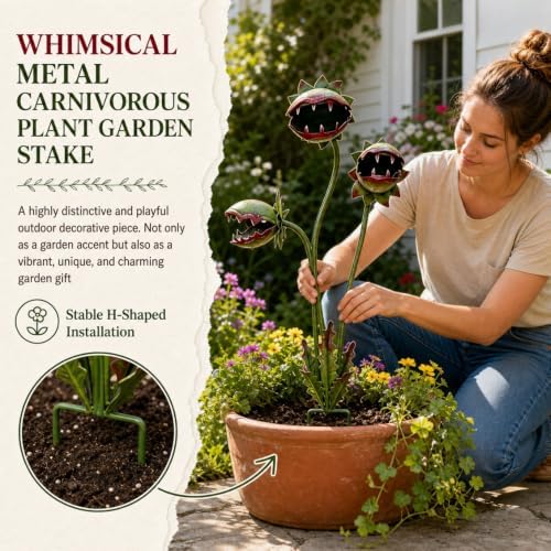 2026 Whimsical Carnivorous Plant Garden Stake, 25 Inch Large Metal Flowers - Venus Flytrap Monster Plant Sculpture, Garden Art Decor for Outdoor Flower Beds Patios Lawn Planters, Halloween Yard Stakes