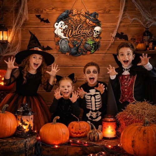 Halloween Wreath for Front Door, Wooden Welcome Sign, Black Cat and Ghost