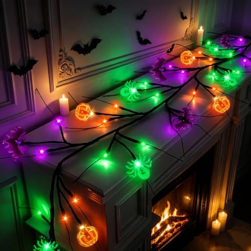 6FT Halloween Willow Vine Lights, 54 LED Bat Pumpkin Spider Branch Decor