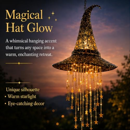 Lighted Witch Hat Hanging Chime, Halloween Outdoor Ornament, Glowing Mesh Cascading Stars, Black Frame Decoration, Party Decor, Flying, LED Lighted Window Tree Displays(3pcs)