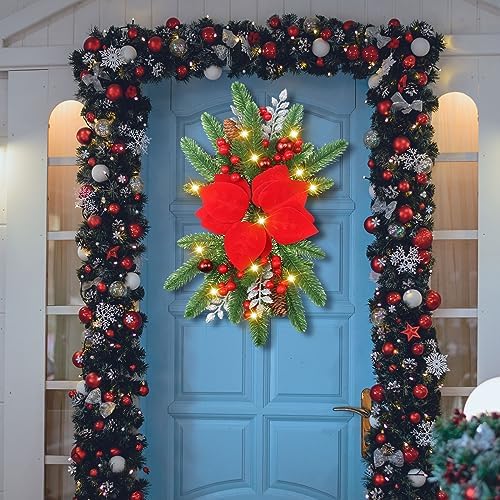Hotop 3 Pcs Artificial Christmas Swags 17.7" Lighted Berries, red