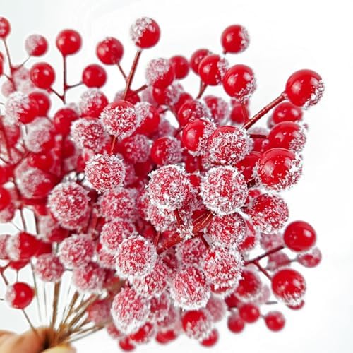 RONYOUNG 32PCS 9" Artificial Holly Berry Stems Christmas Berry Picks Sprays Snowy Fake Red Berries for Christmas Tree Branches Fillers Ornaments Valentine DIY Crafts Wedding Home Party Winter Decor